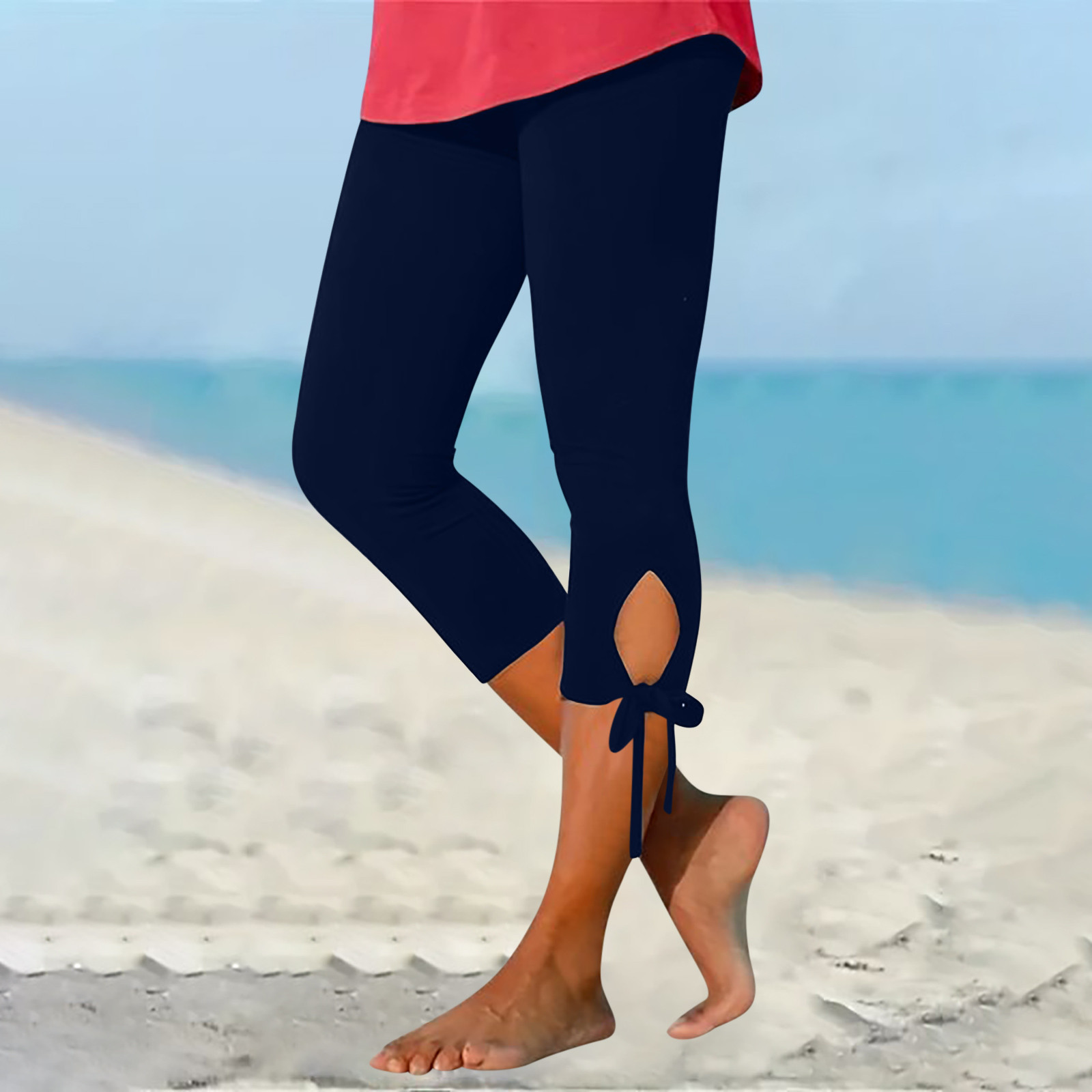 thumbnail image 2 of Leggings cortos de cintura alta con aberturas para mujer - Tejido elástico, pantalones informales para hacer ejercicio y para la playa, 2 of 6